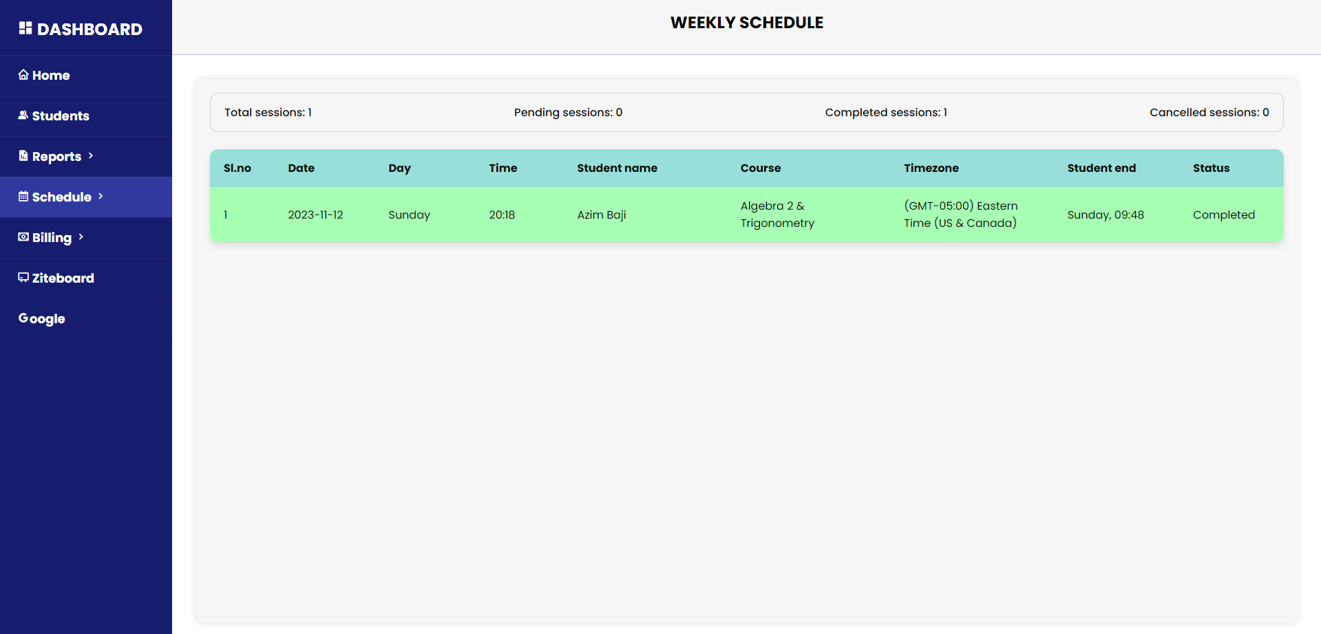 Weekly schedule