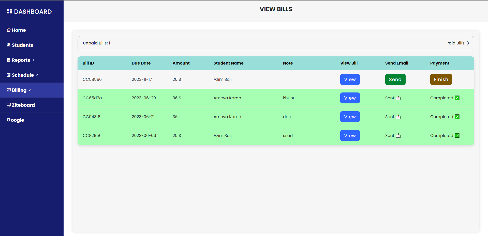 Billing history