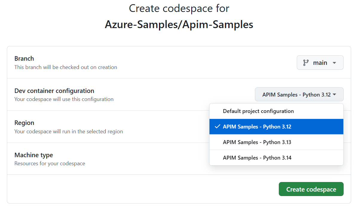 Codespaces configuration selector for various supposed Python versions