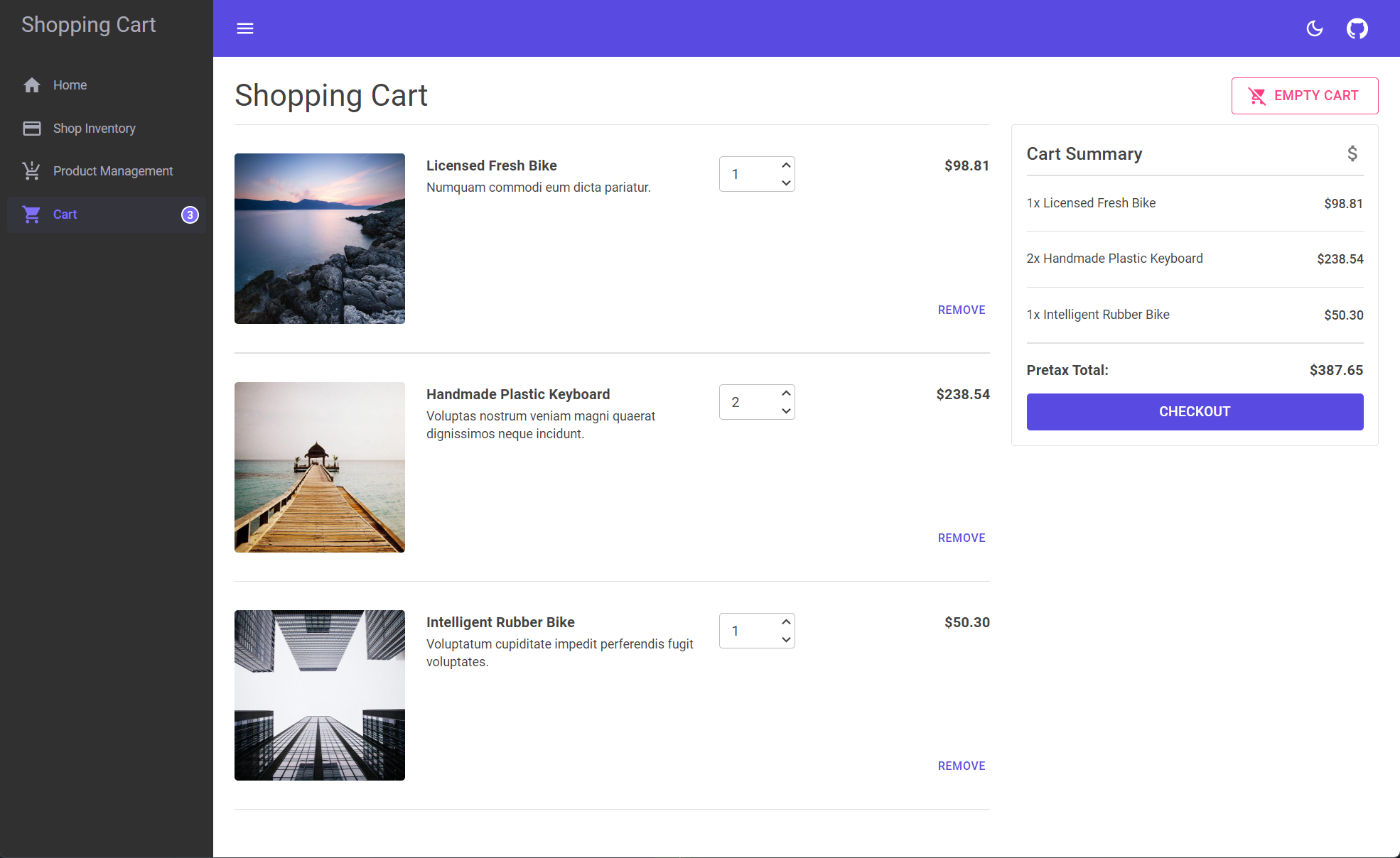 Shopping Cart sample app running.