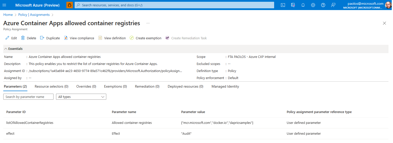 Policy Assignment under the Azure Portal