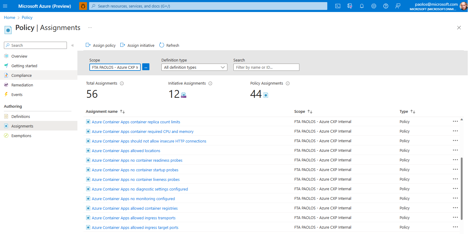 Policy Assignments under the Azure Portal
