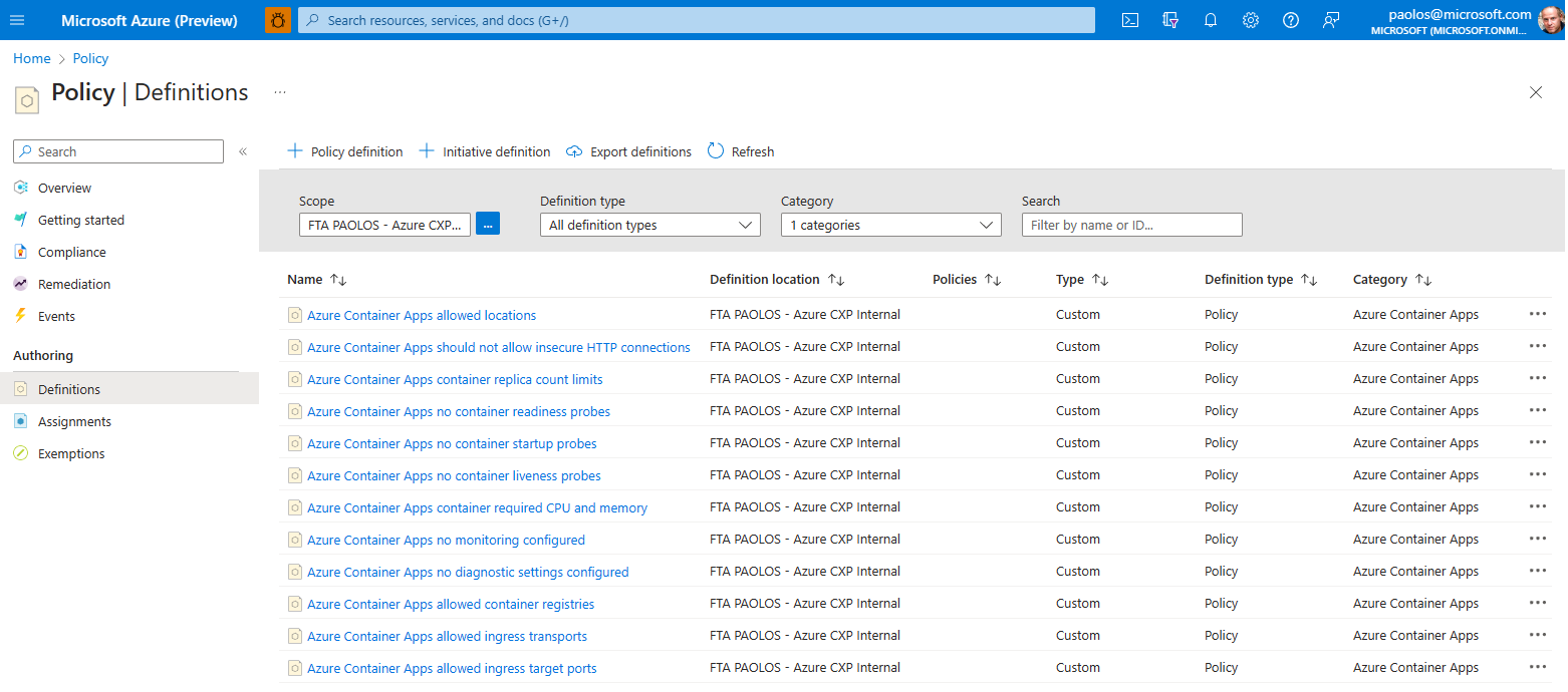 Policy Definitions under the Azure Portal