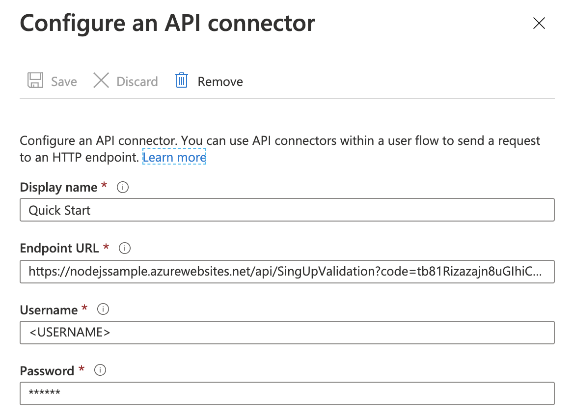 API connector configuration