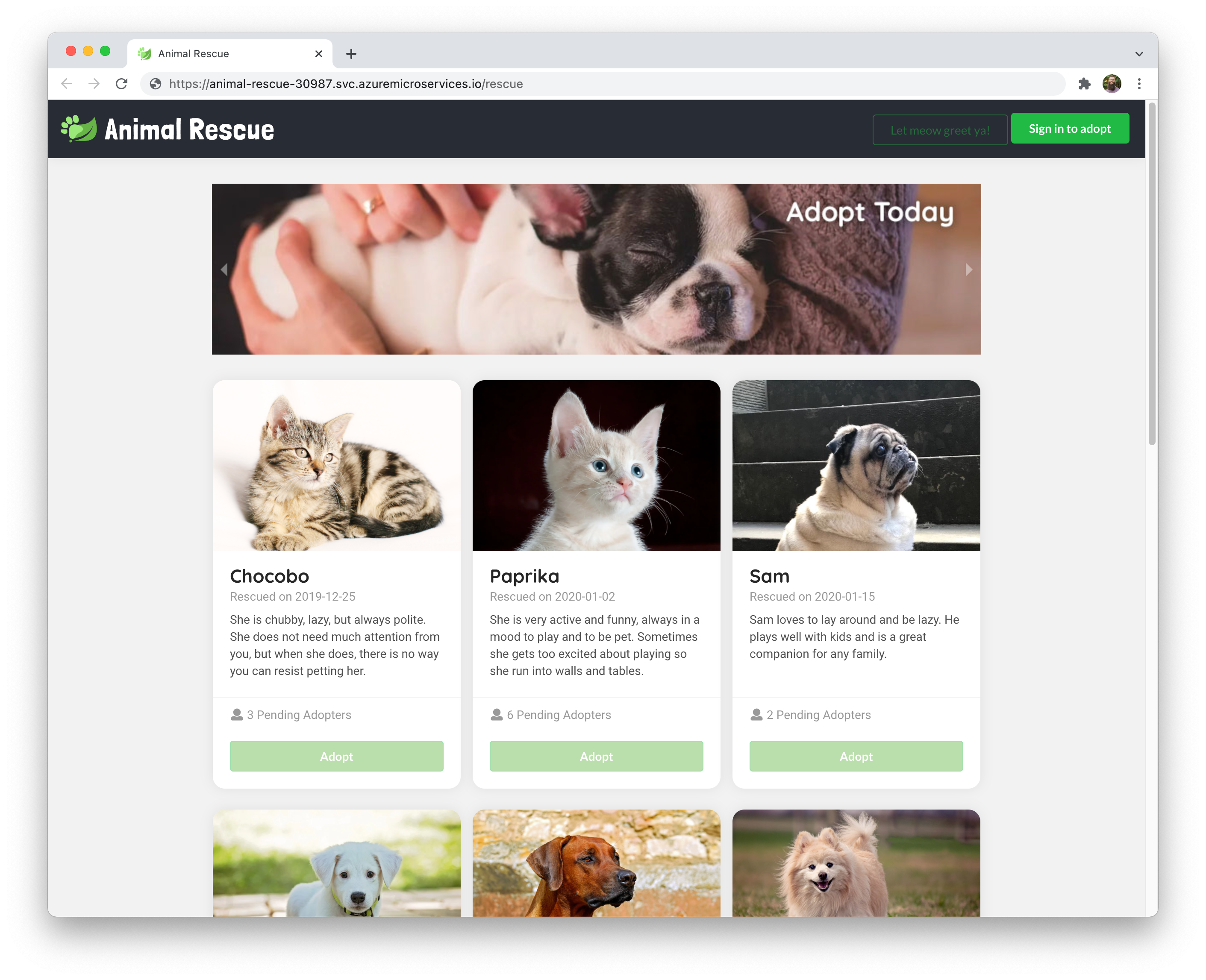 An image of the Animal Rescue application homepage