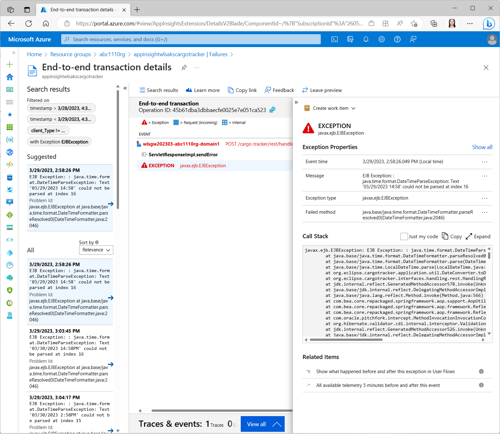 Cargo Tracker stacktrace in Application Insights