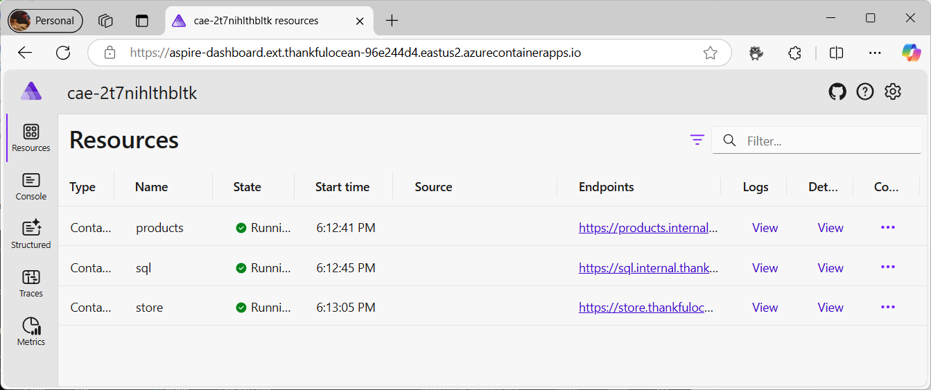 Aspire Dashboard to check the running services