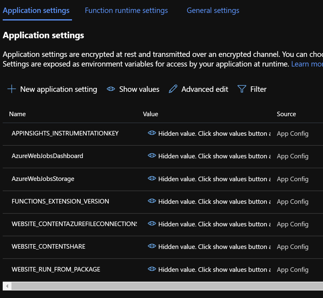 Application Settings on a Function App in Azure