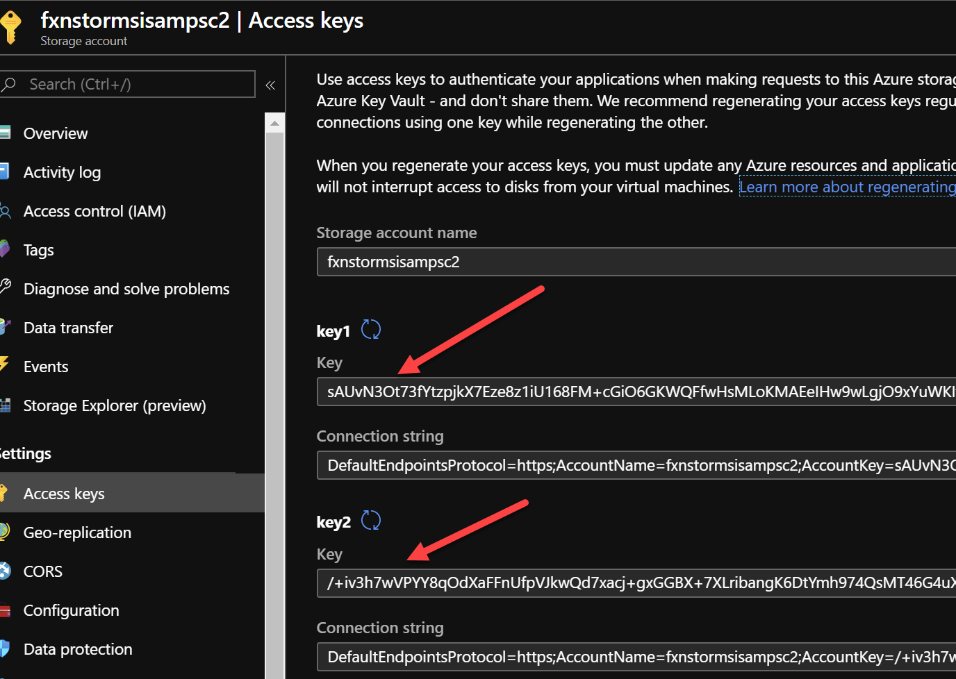 Storage account keys in Azure