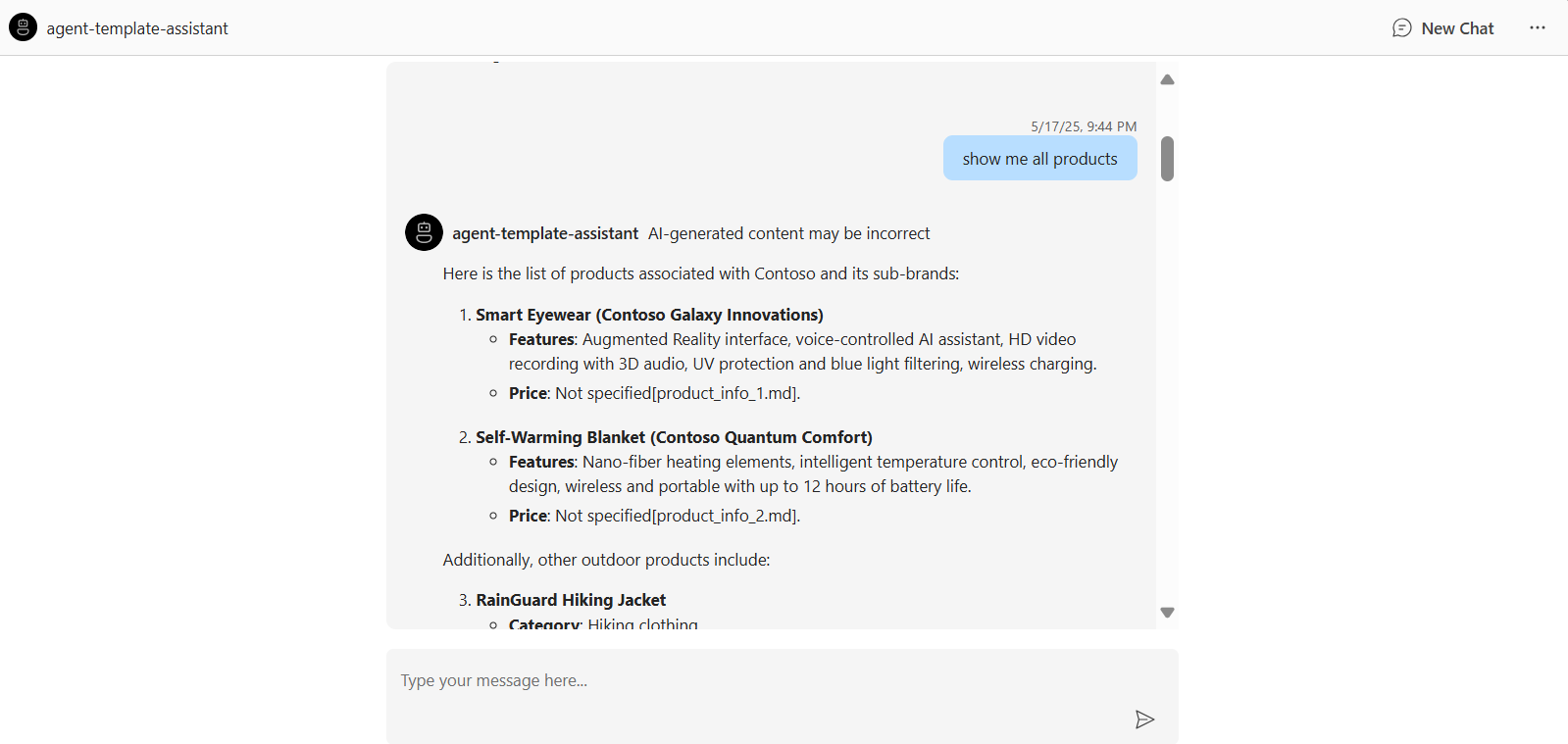 Screenshot of chatting web application showing requests and responses between agent and the user.