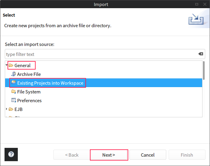 Select General -> Existing Projects into Workspace