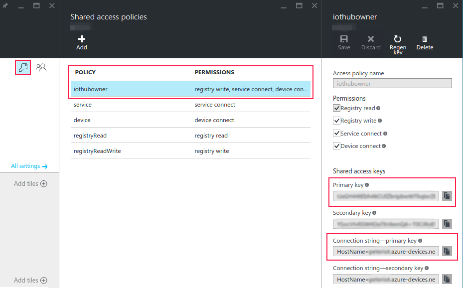 Copy the Shared access key and Connection string