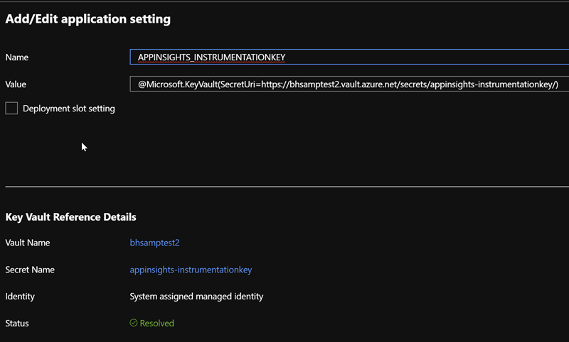 Screenshot of adding an Application Insights setting to an Azure Function