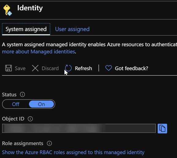 Identity area of an Azure Function with Managed Identity enabled