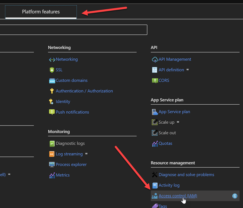 Location of IAM option on an Azure Function app