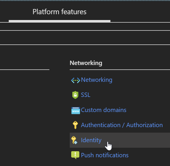 Location of 'Identity' option for an Azure Function