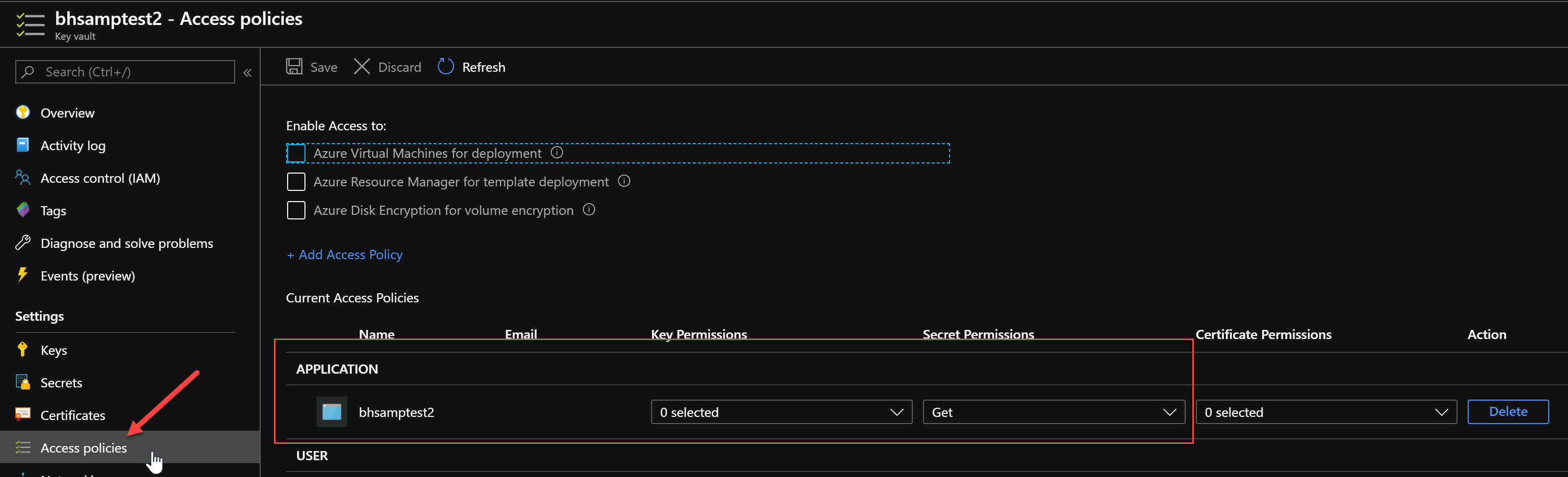 Defined KeyVault access policies