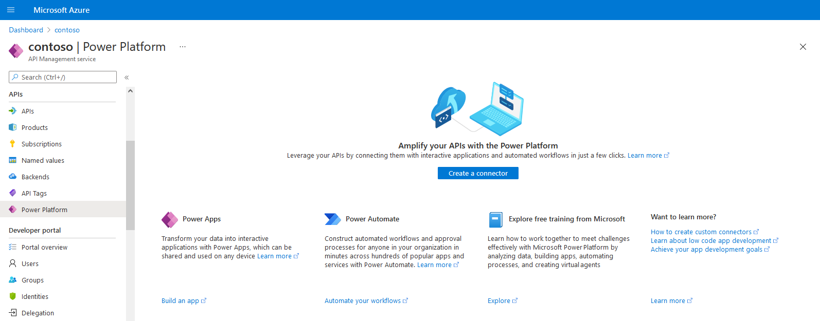 Power Platform page in the Azure portal