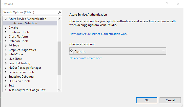 Visual Studio Account Selection
