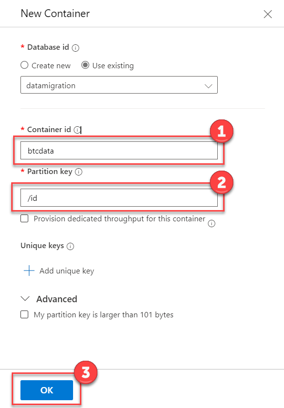 The New Container blade displays with btcdata entered in the Container id field and /id entered in the Partition key field. The OK button is highlighted.