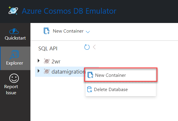 The ellipsis menu of the datamigration database is expanded with the New Container item highlighted.