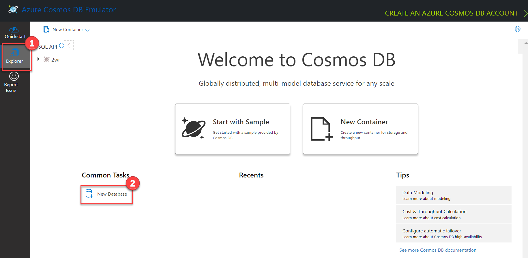 The Azure Cosmos DB emulator screen displays with Explorer selected from the left menu and the New Database link highlighted beneath the Common Tasks heading.