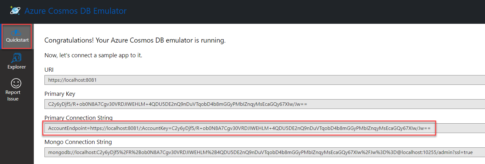 The Cosmos DB Emulator Quickstart screen displays with the Primary Connection String value highlighted.