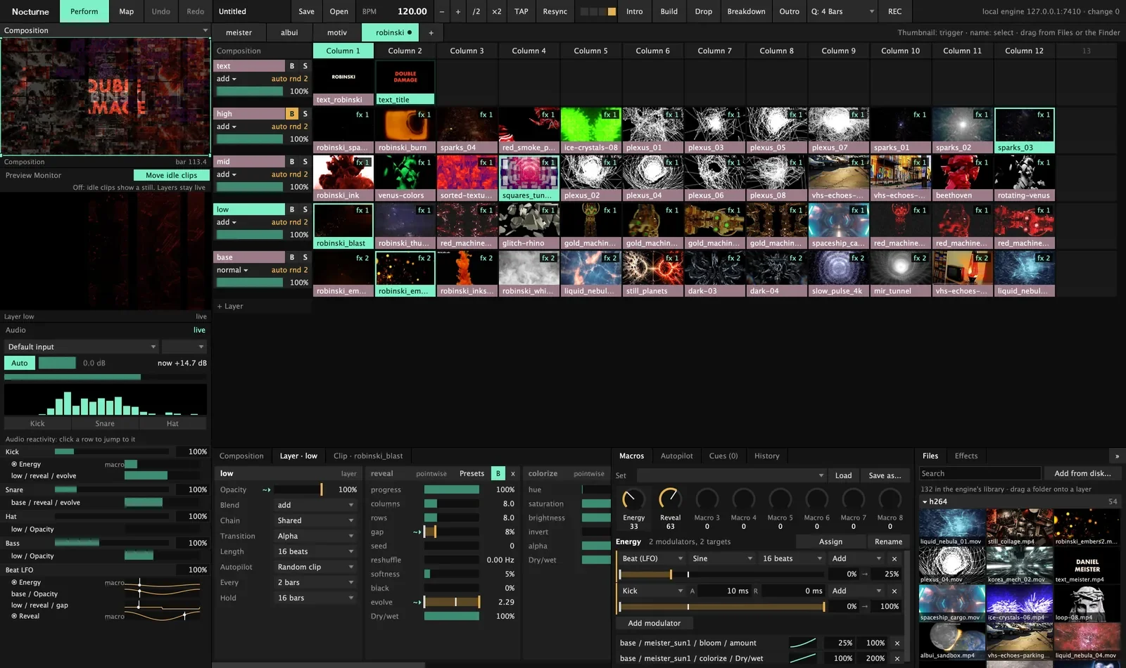 The Perform view: monitors, the clip grid, audio, the effect chain and macros