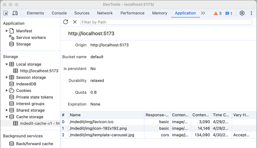 Screen shot of cache storage debug screen