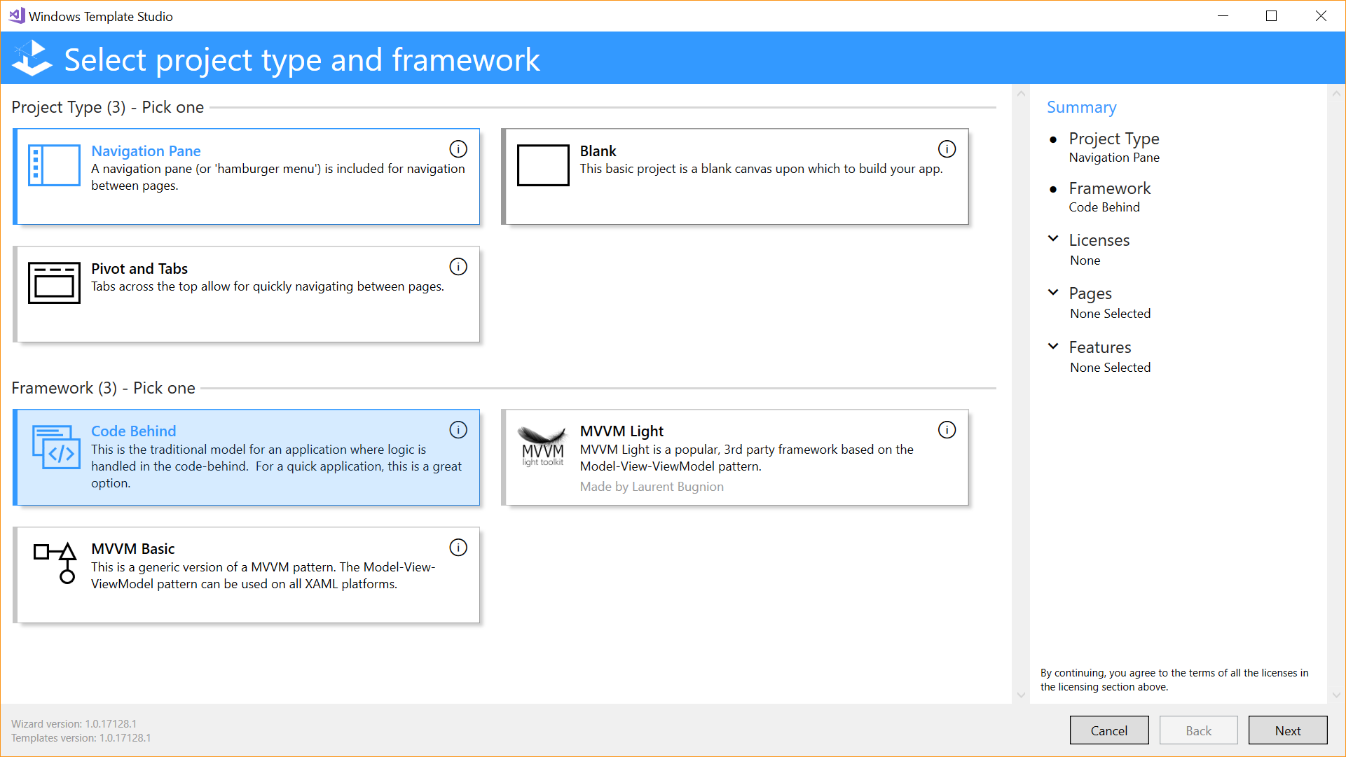 Windows Template Studio screenshot