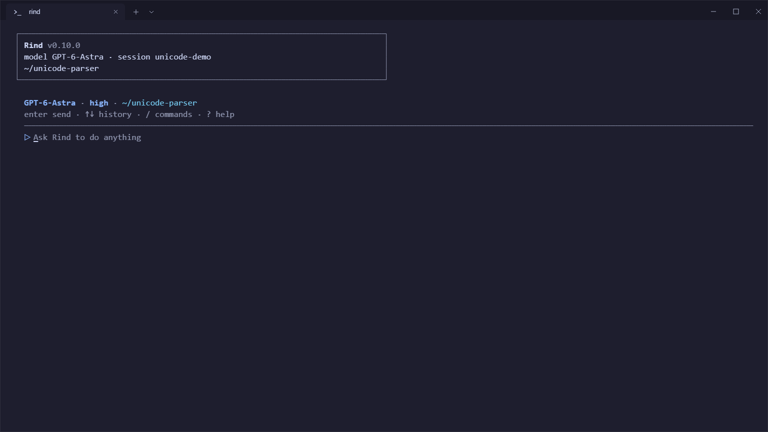 A 15-second Rind CLI demo: read code, ask the user which tests to add, receive an answer, edit the tests, run them and report the result.