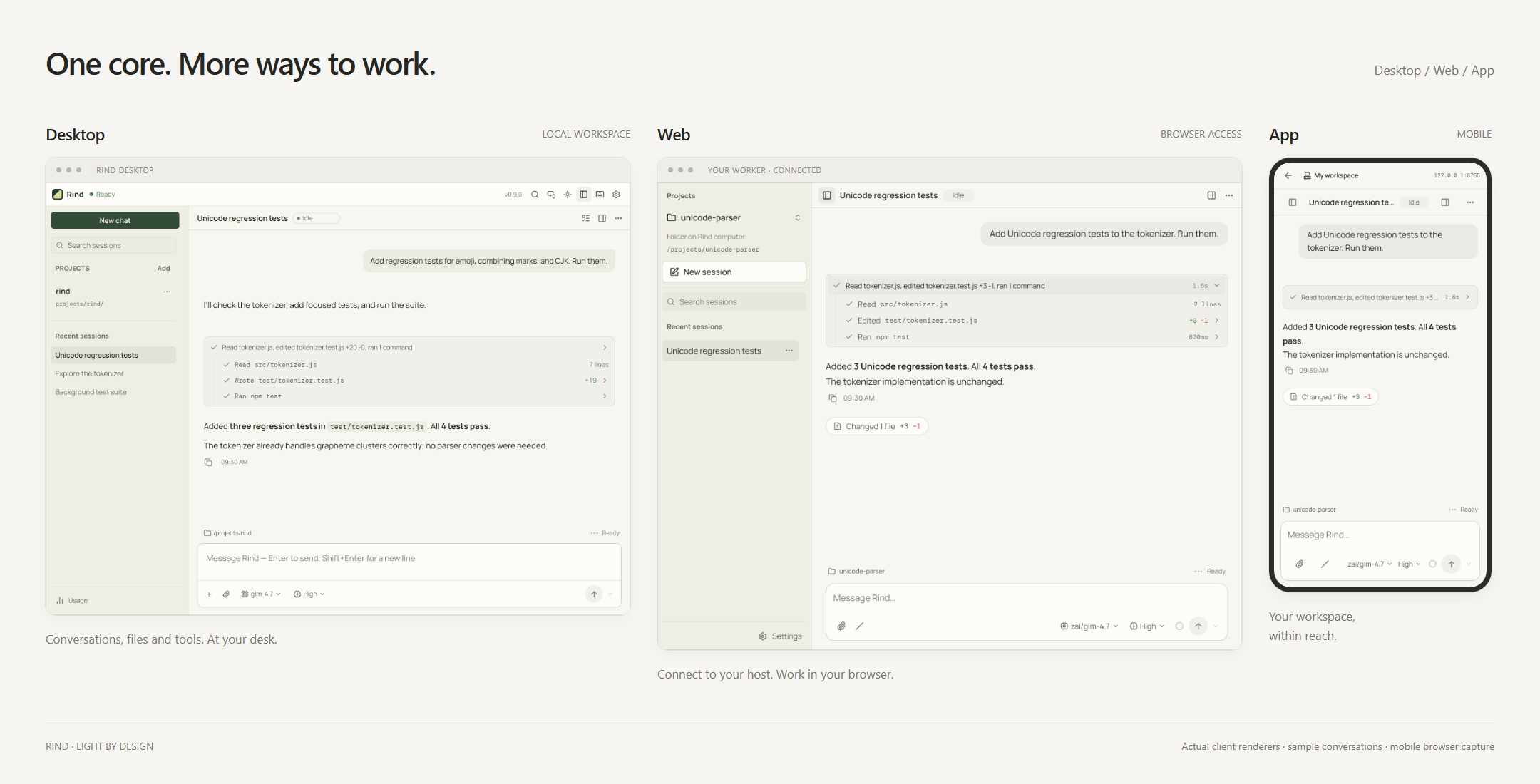Three actual Rind client views side by side: Desktop with its project sidebar, Web in a browser, and the mobile App connected to a computer. All show an example coding conversation.