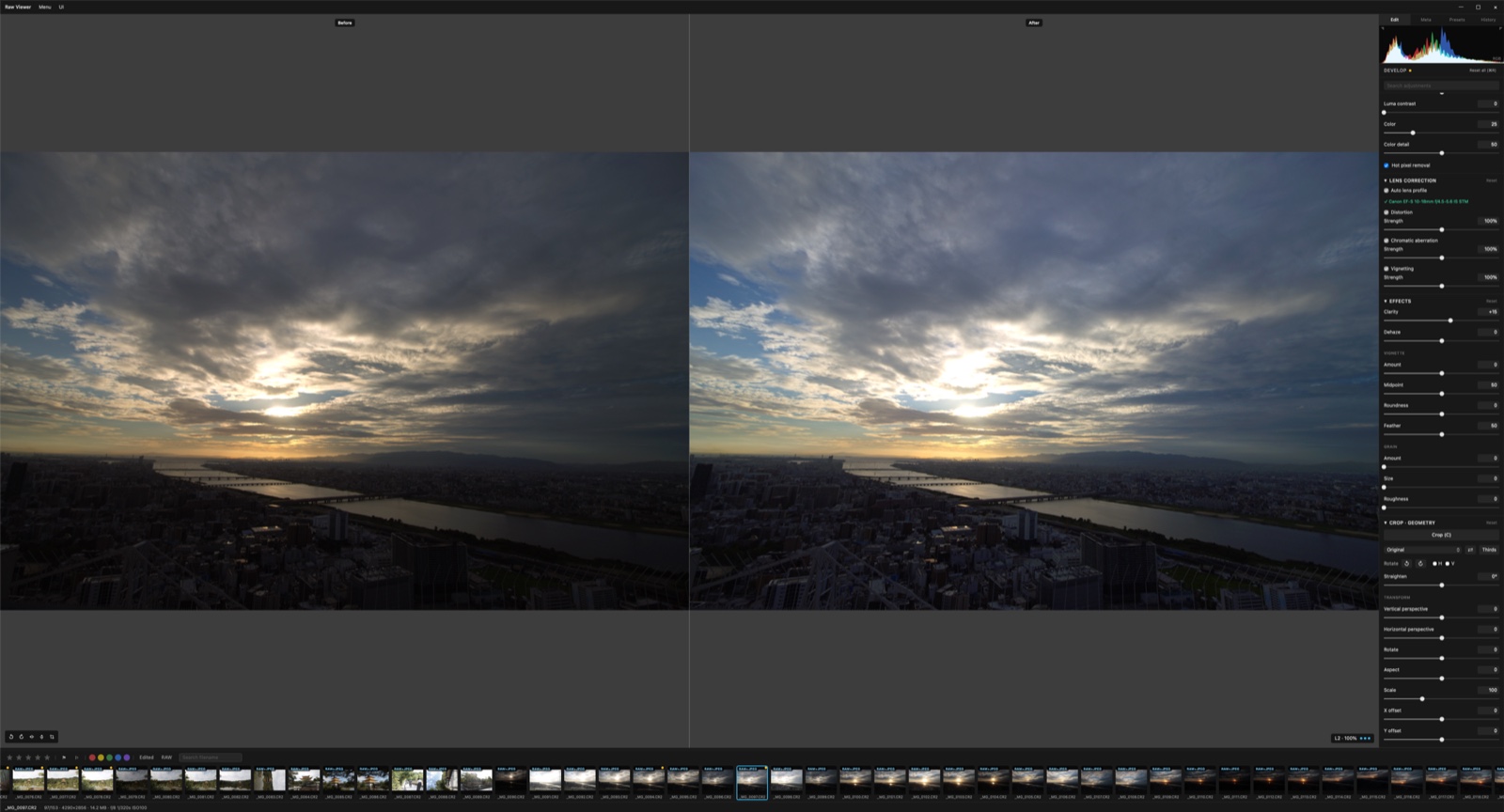 Raw Viewer before/after compare view with develop panel