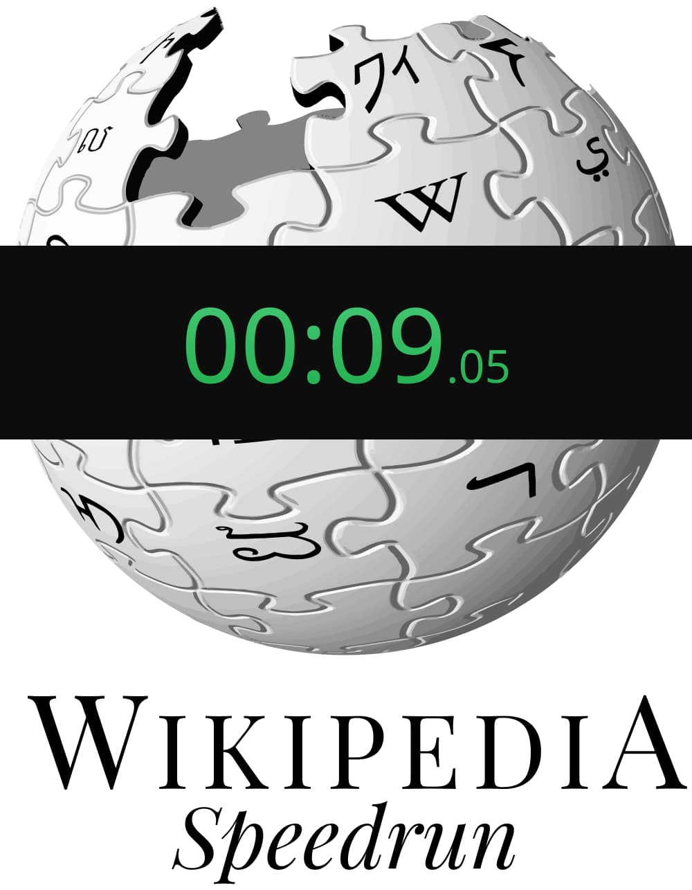 Wikipedia logo with a speedrun timer on top of it