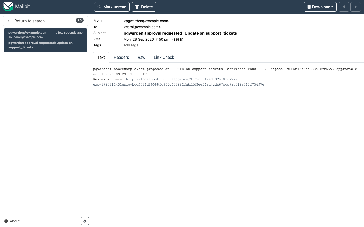 Mailpit showing the approval request email sent to the approver: a one-line summary of the proposed update and a signed review link, with no SQL in the message