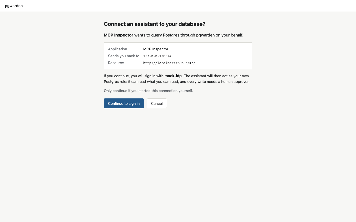 pgwarden consent screen: MCP Inspector asks to query Postgres on the user's behalf, showing the application, the redirect host and the resource URL