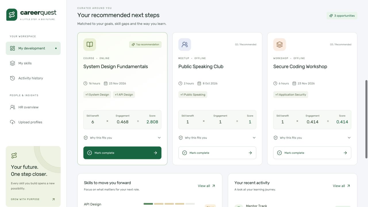 Recommended activities with numeric skill benefit, engagement and score