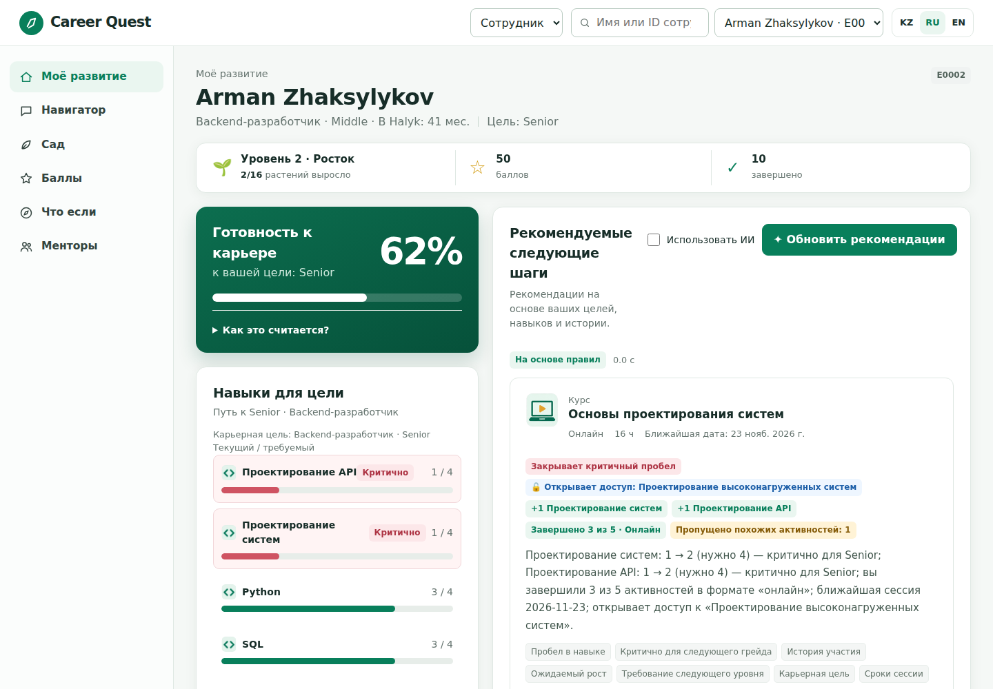 Экран сотрудника: готовность к цели, навыки, рекомендованные шаги с факторами