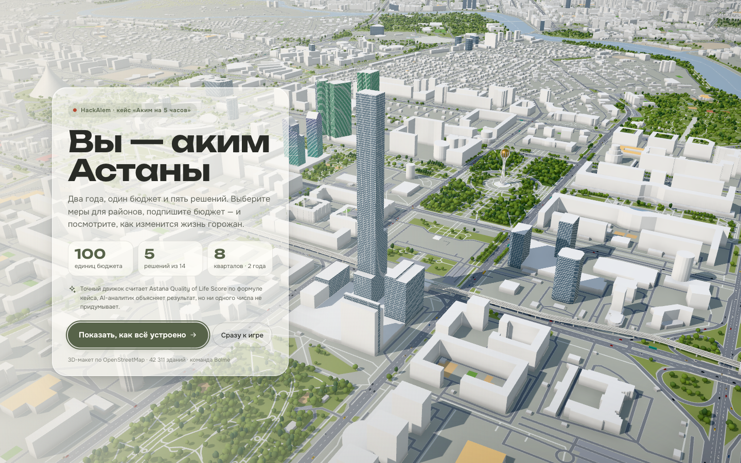 Карточка «Вы — аким Астаны»: 100 единиц бюджета, 5 решений из 14, 8 кварталов; за ней кинематографичный облёт города