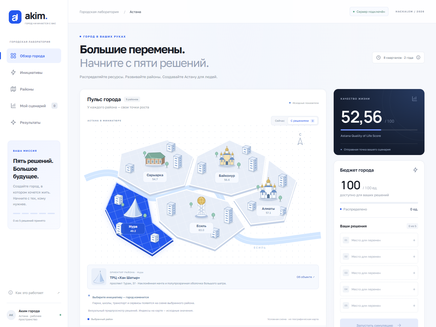 Обзор HackAlem: карта районов Астаны, Score 52.56 и бюджет 100