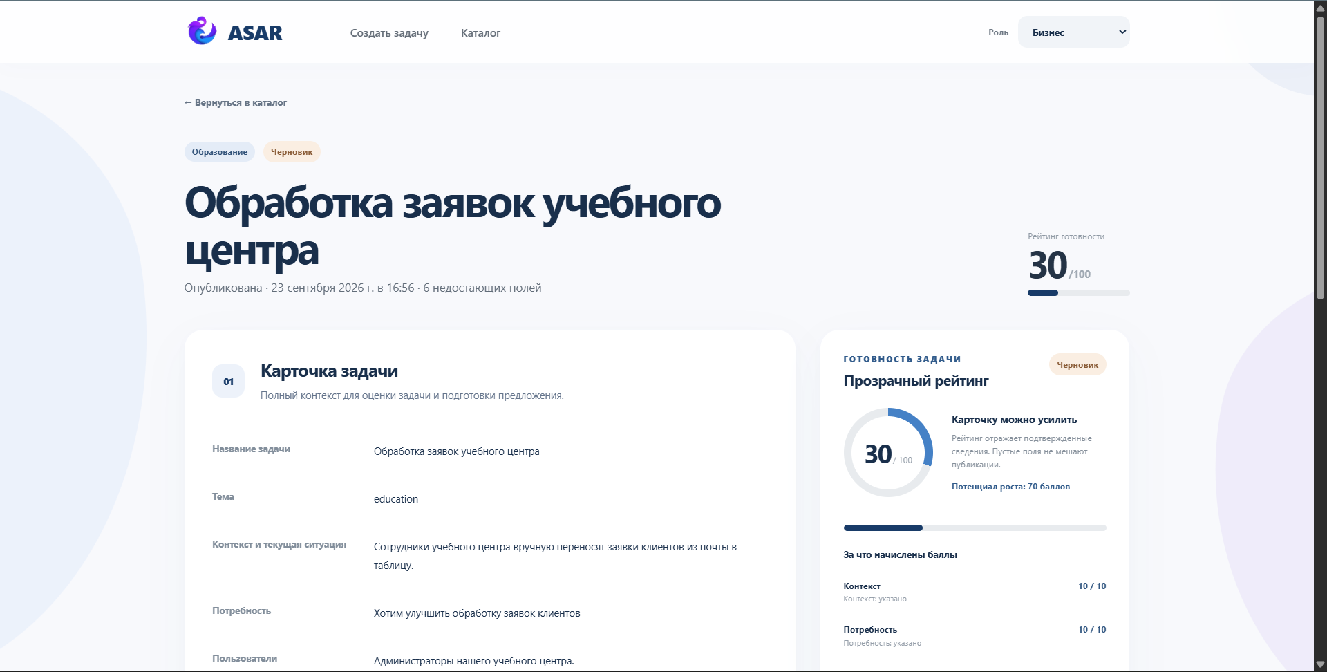 ASAR — детальная карточка задачи