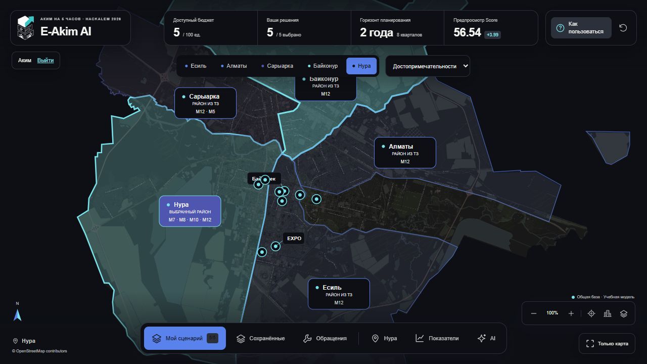 Работающий E-AkimAI: карта Астаны, пять выбранных инициатив и предварительный Score 56.54.
