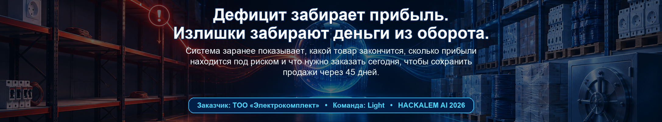 Дефицит забирает прибыль. Излишки забирают деньги из оборота. Система заранее показывает риски и помогает сохранить продажи через 45 дней. Заказчик — ТОО Электрокомплект, команда Light, HACKALEM AI 2026.