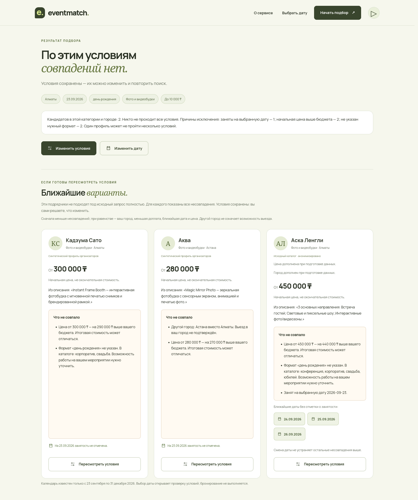 Ближайшие варианты: конкретные несовпадения с бюджетом, форматом, городом и датой