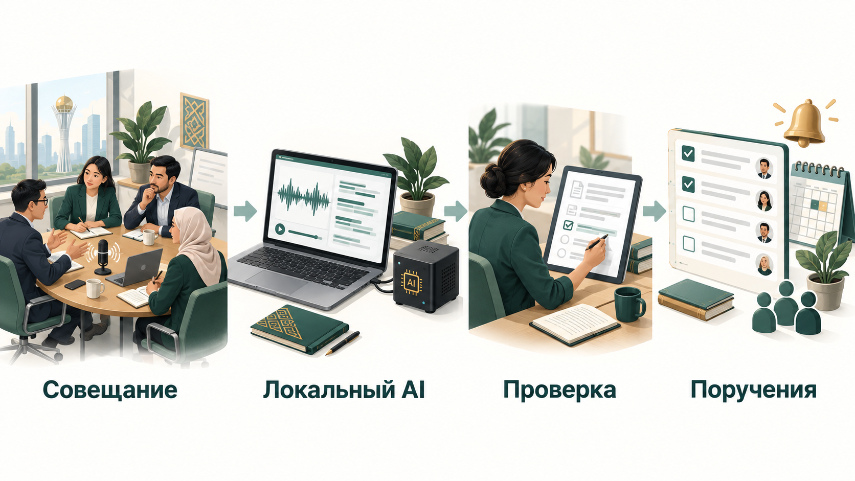 Совещание → локальный AI → проверка секретарём → поручения
