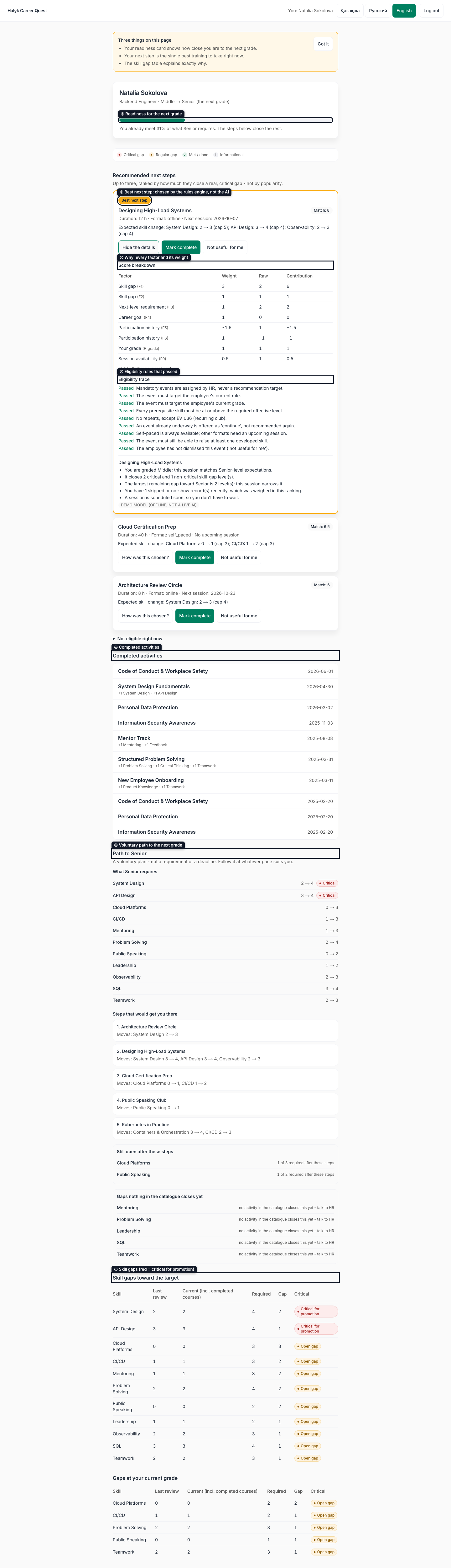 Employee E0137 profile: readiness bar, best-next-step card, trajectory, grounded rationale, and grade-transition path
