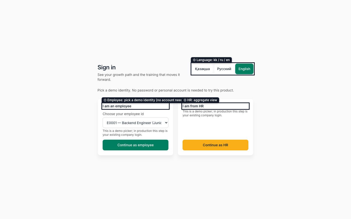 Demo login picker: choose an employee id or HR, no password