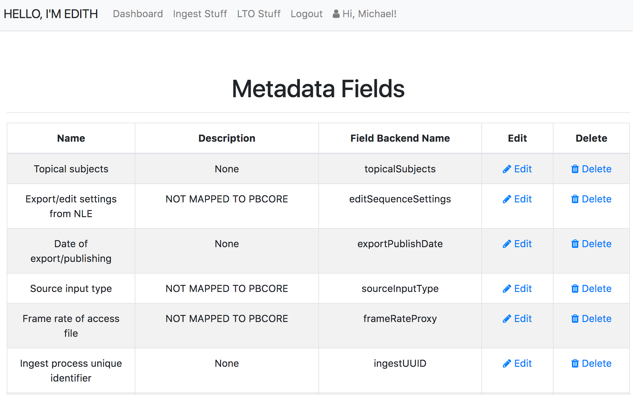 metadata fields menu