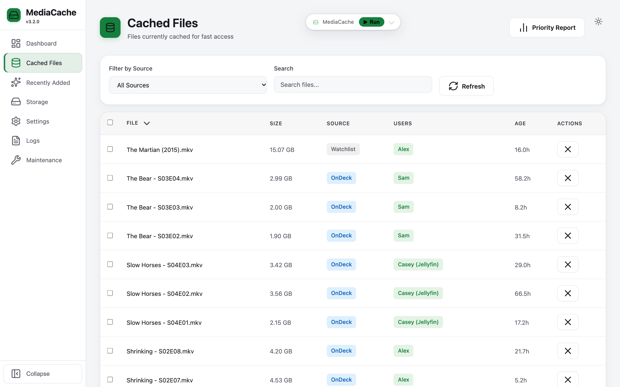 Cached files list showing OnDeck and Watchlist items for Plex and Jellyfin users