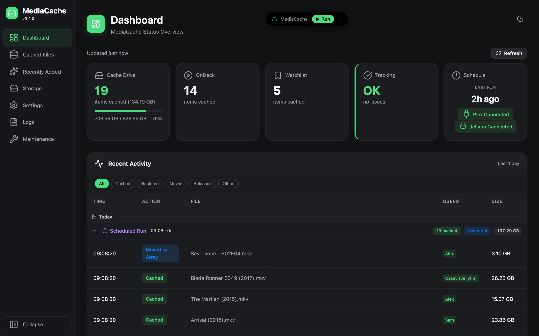 MediaCache dashboard with Plex and Jellyfin both connected